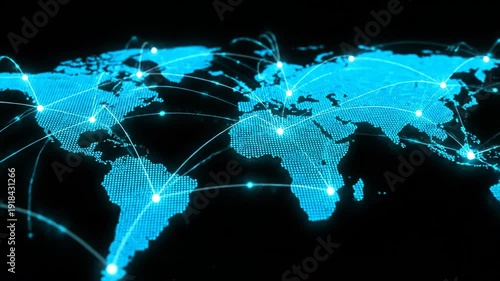 A vibrant blue digital representation of the world map with glowing nodes and connecting lines illustrating a worldwide network and data transmission.
