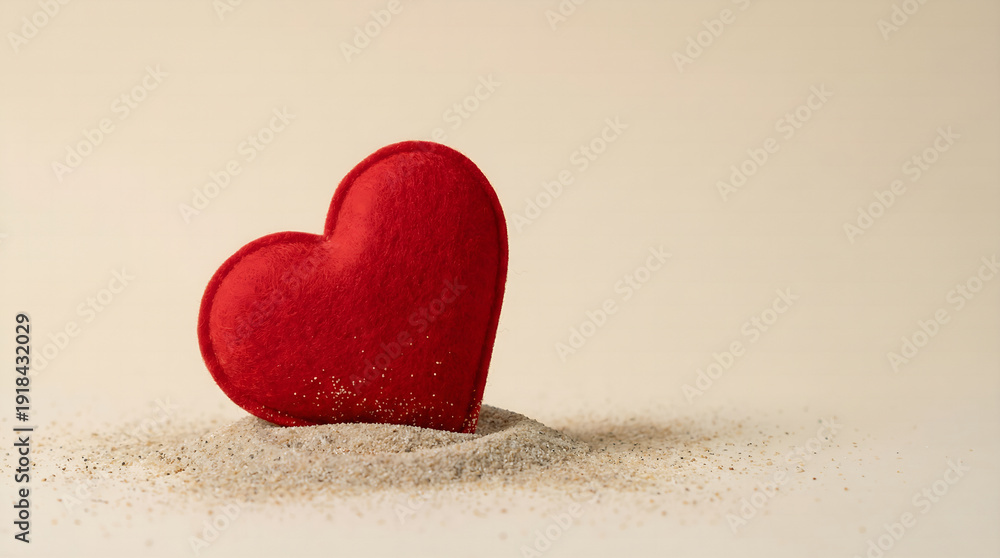 Fototapeta premium Close-up view of a soft red fabric heart gently tilted on a textured beige surface, captured in a minimalist photograph