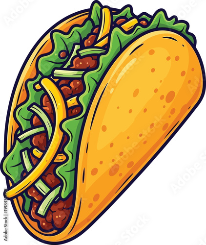 Colorful Cartoon Taco with Lettuce Cheese Sour Cream Design Vector Illustration
