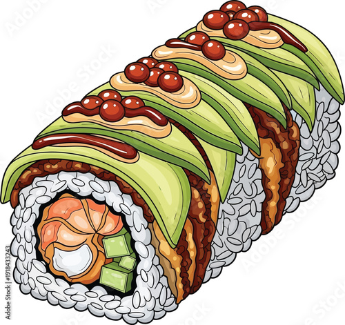 Delicious Sushi Roll with Avocado and Cherry Tomatoes Artistic Drawing