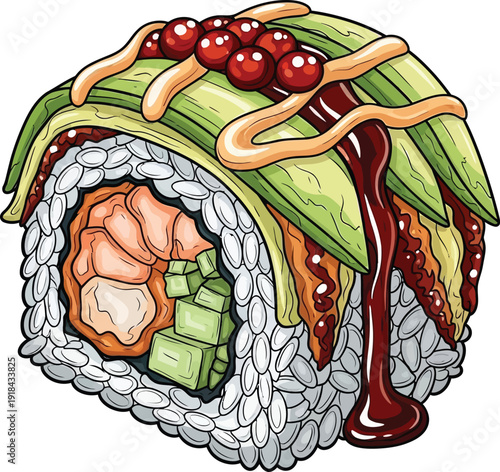 Delicious Sushi Roll with Avocado and Salmon Drawn in Colorful Illustration Style