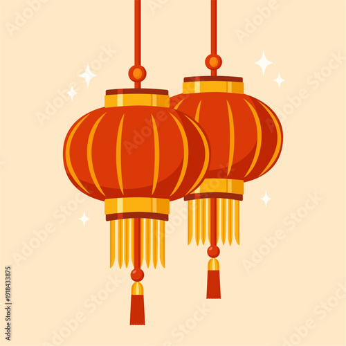Chinese Red Lanterns Flat Vector Illustration