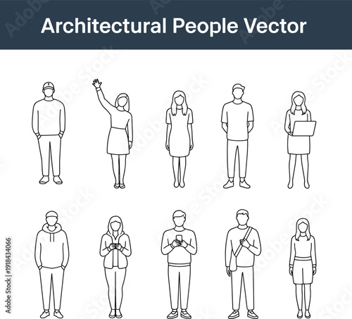 Architectural People Vector Set with Male and Female Characters in Casual Outfit Line Art Style for Urban Design Presentation and Infographic Illustration