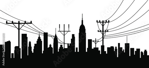 Black silhouette urban city skyline with electric power lines and utility poles, modern metropolitan infrastructure vector illustration isolated on light background minimal style design