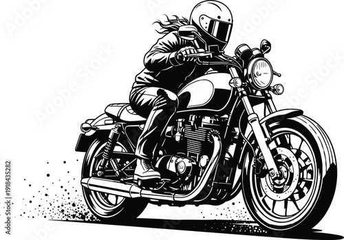 Vintage motorcycle rider illustration with helmet, dynamic retro motorbike vector artwork isolated on white background