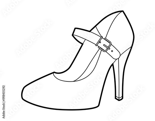 Mary Jane pump women heel single line pair. Strap round toe vintage dress footwear for party, wedding, office look. Technical illustration, CAD mockup, precise vector men unisex isolated classic style