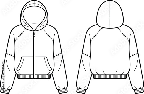 Front and back view hoodie sweatshirt flat sketch template, zip up hooded jacket technical fashion illustration with ribbed cuffs and kangaroo pocket design