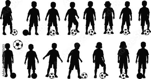 Children soccer player silhouettes set with football poses, boys and girls vector illustration isolated on white background