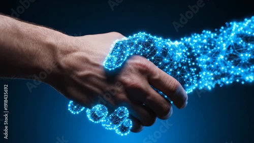 A human hand reaches out to a glowing blue digital construct representing artificial intelligence in a handshake. Dark background emphasizes the futuristic connection.
