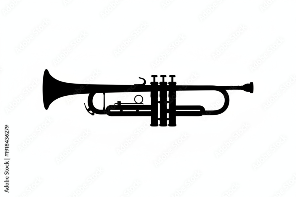 Naklejka premium Trumpet Silhouette: A stark black silhouette of a trumpet, poised in artistic simplicity. A tribute to music's universal language.