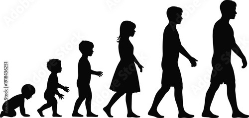 Silhouette Illustration Showing Human Life Stages from Crawling Baby to Adult Man Walking, Concept of Growth, Development, Aging and Evolution Timeline Progression Sequence Graphic