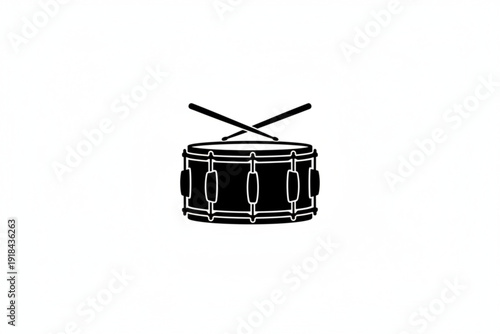 Rhythmic Resonance: A minimalist monochrome depiction of a snare drum and its accompanying drumsticks, poised to create a symphony.