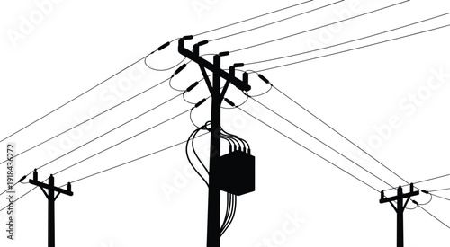 Silhouette of high voltage power lines and electrical utility poles with transformer against clear sky, industrial energy infrastructure and electricity distribution concept background