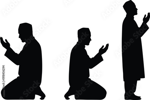 Muslim man praying silhouette set, Islamic prayer positions vector illustration isolated on white background religious concept