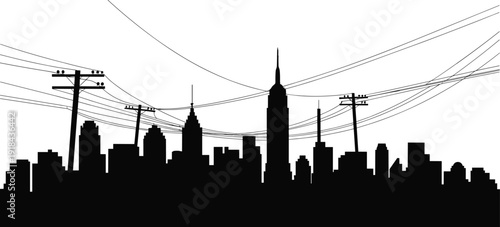 Urban city skyline silhouette with power lines and utility poles, modern metropolitan landscape vector illustration isolated on white background graphic design element