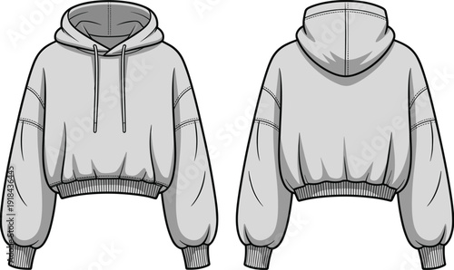 Women cropped hoodie flat sketch template, front and back view fashion technical drawing with long sleeves, ribbed cuffs and hem, casual streetwear apparel design