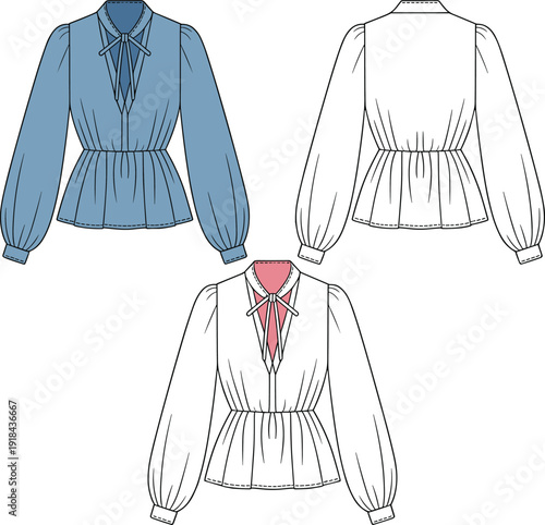 Women Long Sleeve Blouse Fashion Flat Sketch Template with Front and Back View Technical Drawing for Apparel Design and Clothing Production Mockup