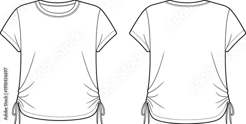 Women Ruching Side Drawstring T-Shirt Technical Flat Sketch Front and Back View Fashion Template for Apparel Design Mockup Vector Outline Illustration Isolated on White