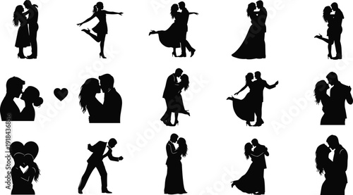 Romantic couple silhouettes kissing and dancing collection, love relationship wedding vector illustration set isolated on white background