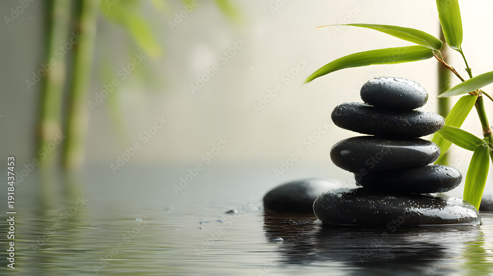 Naklejka premium Zen Balance: A tranquil composition features a stack of smooth, dark stones perfectly balanced beside vibrant green bamboo, all reflected in a calm pool of water.
