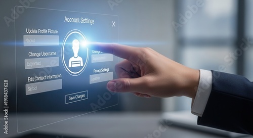 Business hand selecting a user profile avatar to update personal information and account settings securely.