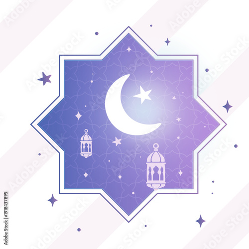 Crescent moon, Star, Ramadan Kareem, Eid Mubarak, Islamic greeting, Muslim festival, Arabic lantern, Fanous, Purple gradient, Blue background, Minimalist, Modern illustration, Vector art, Arabesque fr