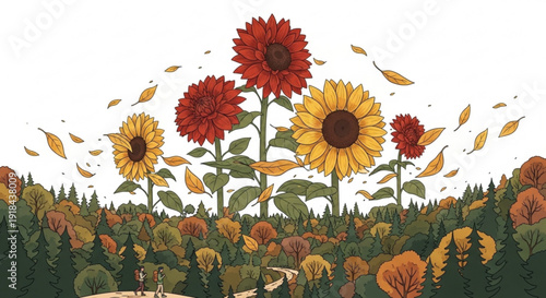 Vibrant sunflowers and red flowers bloom in an autumnal landscape with falling leaves and a winding path through a colorful forest