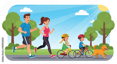 Happy family with two kids and dog enjoying outdoor exercise on sunny day