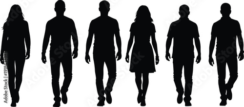 Group of six diverse people walking forward silhouette, men and women vector illustration isolated on white background