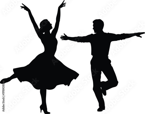 Graceful ballet dancers silhouette performing elegant classical duet, man and woman dancing vector illustration isolated on white background