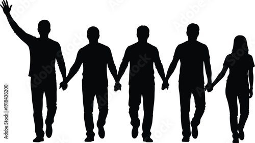 Five people holding hands silhouette walking forward together, teamwork unity friendship concept vector illustration isolated on white background
