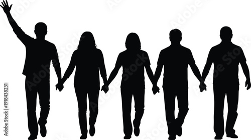 Group of five people holding hands silhouette walking together, unity friendship concept vector illustration isolated on white background