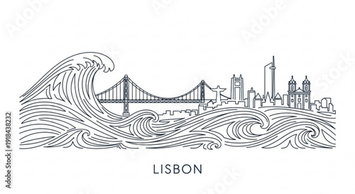 Lisbon city skyline with 25 de abril bridge and ocean waves portugal urban landscape