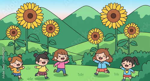 Happy children playing in a field of sunflowers with mountains in background on sunny day