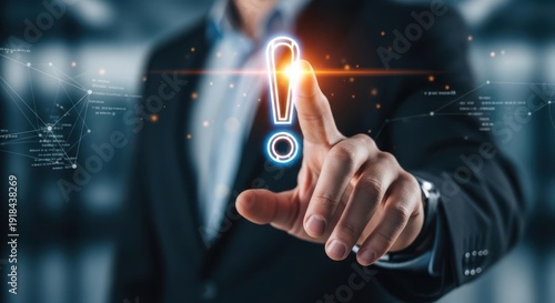 Business hand touching a virtual exclamation point to acknowledge a system alert.