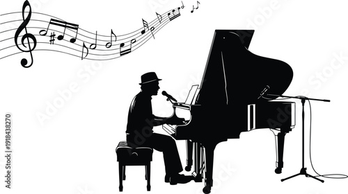 Silhouette musician playing grand piano with flowing musical notes, live concert performance vector illustration isolated on white background