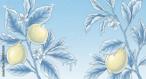 Blue toned lemons with leaves on branches against a gradient blue background