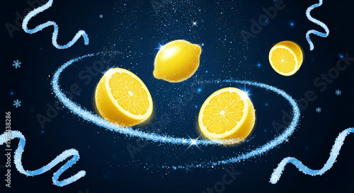 Lemons floating in space with swirling blue lines and stars on dark background