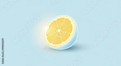 Glowing lemon slice on light blue background with radiant effect