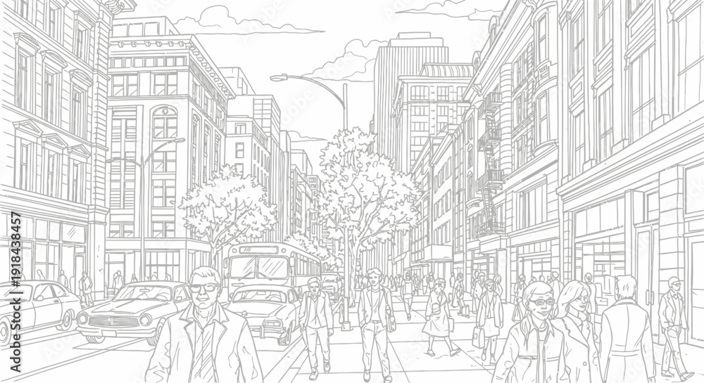 Fototapeta premium Detailed line art illustration of a bustling city street with pedestrians, cars, and urban buildings, depicting daily life.