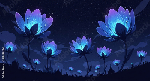Glowing purple lotus flowers bloom in a mystical night scene with stars and clouds