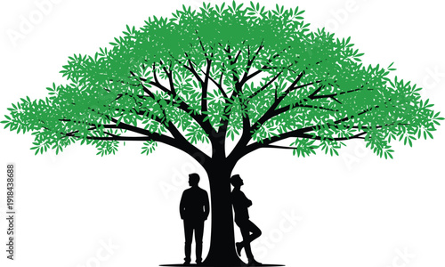 Large green leafy tree with man and woman silhouettes standing beneath canopy vector illustration isolated on white background