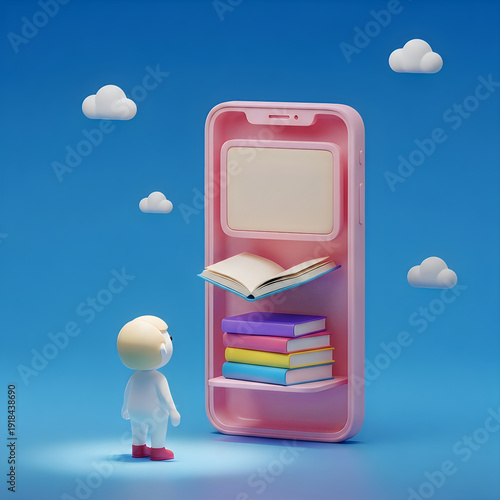 A small figure stands in front of a large pink bookshelf filled with books.