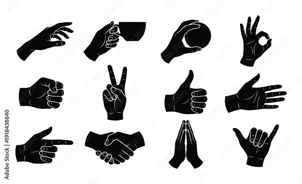 Fototapeta premium Hand gesture set holding object pointing like love with okay thumb palm peace praying hang loose showing