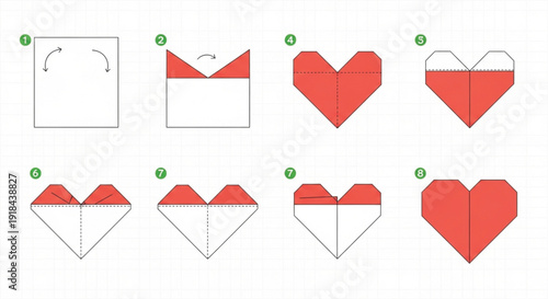Origami heart step by step folding instructions infographic vector set isolated on white background
