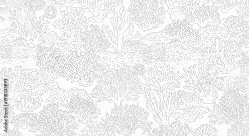 Delicate seamless coral pattern illustration, grey line art on white. Elegant underwater ocean texture background.