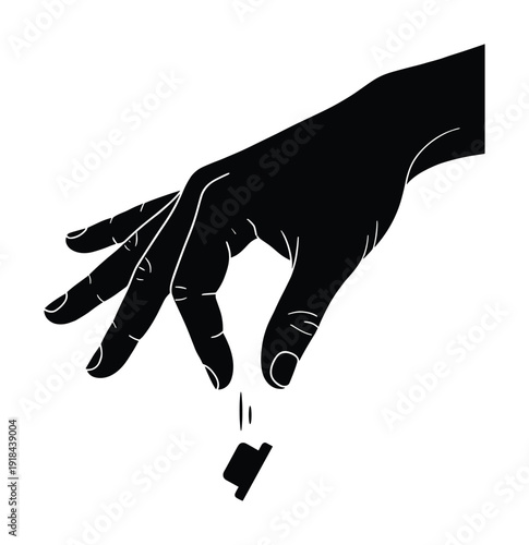Hand holding something tiny and small in black silhouette vector format