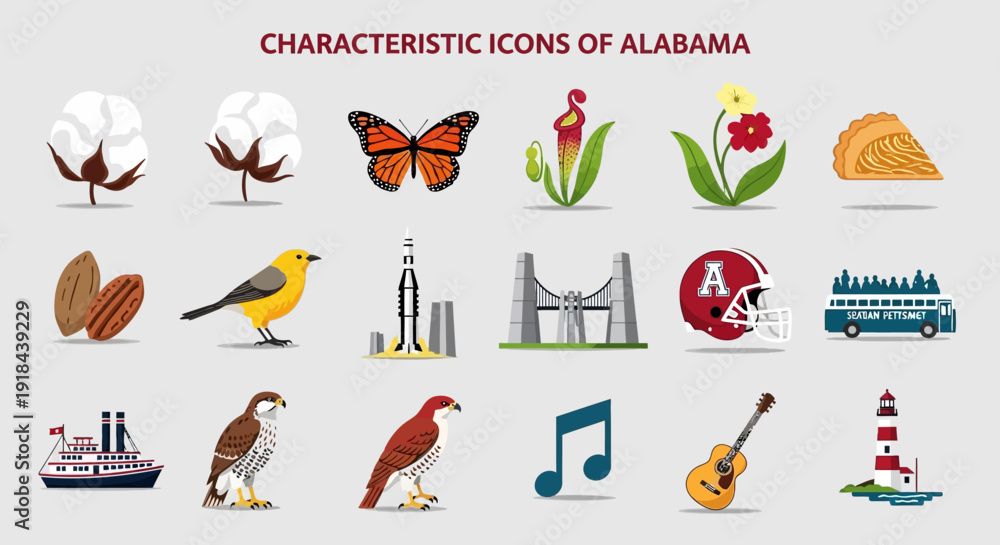 Obraz premium Characteristic Icons of Alabama State Symbols and Landmarks Collection