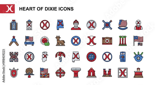 A curated collection of diverse flat design symbols and cultural heritage icons representing regional identities and historical emblems for creative projects