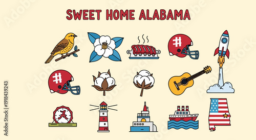A diverse vector icon collection showcasing the unique heritage and culture of Alabama, featuring state symbols, historic landmarks, local cuisine, and sports elements